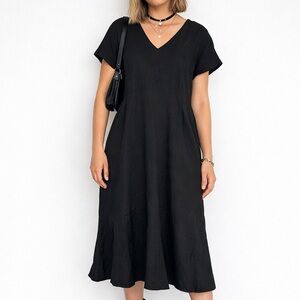 FLAX Minimalist V-Neck Short Sleeve Midi Dress Black Size S Lagenlook Artsy